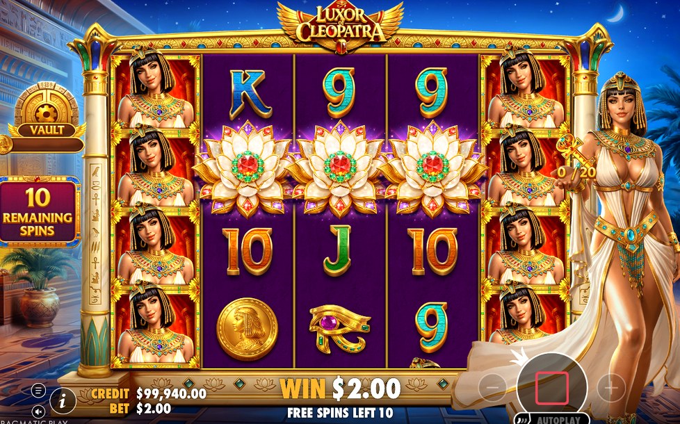 Free spins med staplade Cleopatra-symboler på hjul 1 och 5